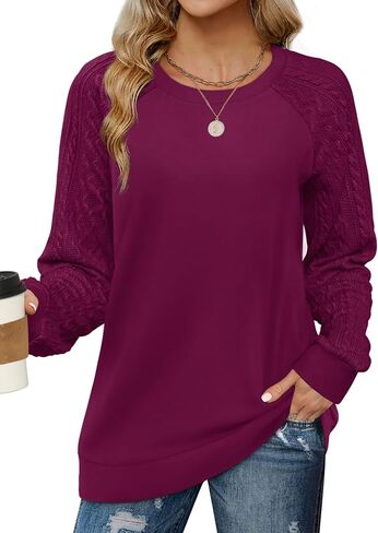 Saloogoe Sweatshirts for Women Crewneck Cable Knit Sleeve Sweaters Lightweight Fashion 2024 in Saudi Arabia