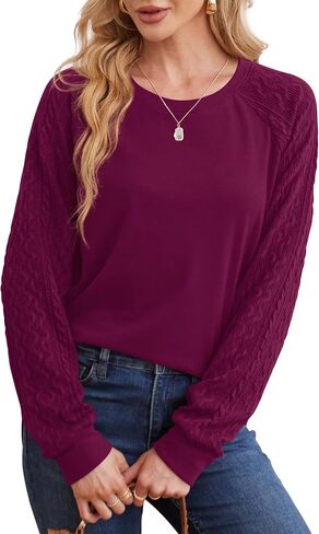 Saloogoe Sweatshirts for Women Crewneck Cable Knit Sleeve Sweaters Lightweight Fashion 2024 in Saudi Arabia