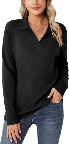 Romanstii Women's Knitted Collared Sweaters Long Sleeve V-Neck Polo Shirts Winter Pullover Tops in Kuwait