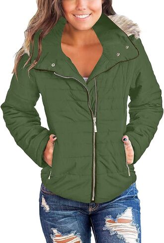 Vetinee Women Casual Faux Fur Lapel Zip Pockets Quilted Parka Jacket Puffer Coat in Saudi Arabia