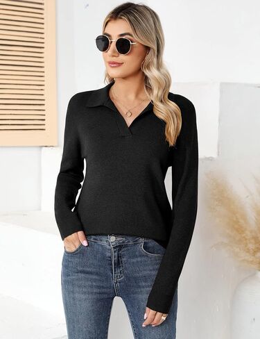 Romanstii Women's Knitted Collared Sweaters Long Sleeve V-Neck Polo Shirts Winter Pullover Tops in Kuwait