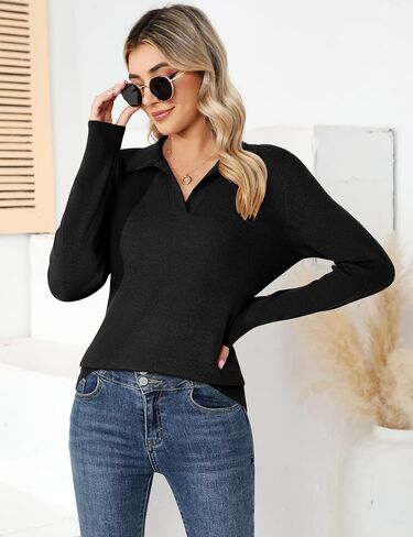 Romanstii Women's Knitted Collared Sweaters Long Sleeve V-Neck Polo Shirts Winter Pullover Tops in Kuwait