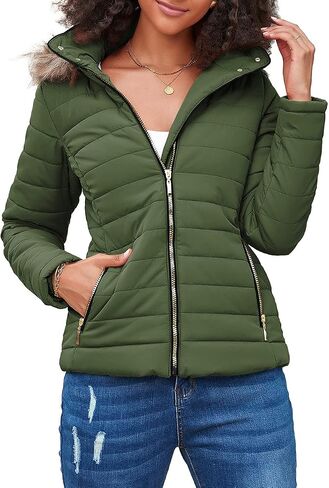 Vetinee Women Casual Faux Fur Lapel Zip Pockets Quilted Parka Jacket Puffer Coat in Saudi Arabia