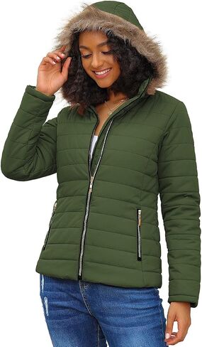 Vetinee Women Casual Faux Fur Lapel Zip Pockets Quilted Parka Jacket Puffer Coat in Saudi Arabia