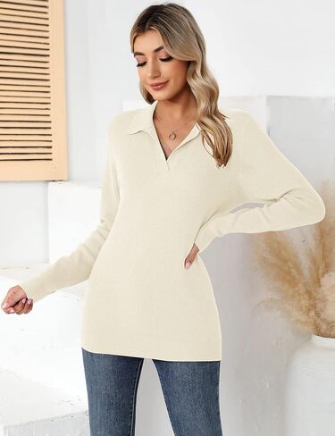 Romanstii Women's Knitted Collared Sweaters Long Sleeve V-Neck Polo Shirts Winter Pullover Tops in Kuwait