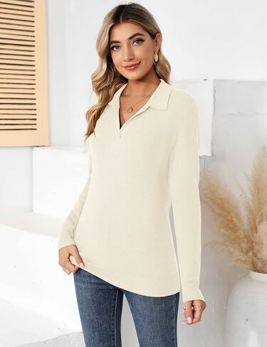 Romanstii Women's Knitted Collared Sweaters Long Sleeve V-Neck Polo Shirts Winter Pullover Tops in Kuwait
