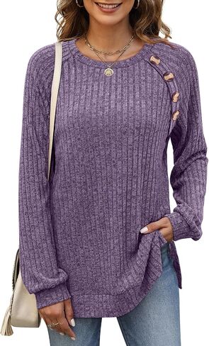 قمصان Bofell طويلة الأكمام للنساء خفيفة الوزن بأزرار تزيين، تونيك علوي بفتحة جانبية in Kuwait