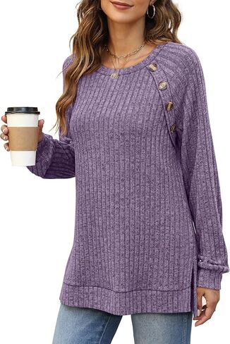 قمصان Bofell طويلة الأكمام للنساء خفيفة الوزن بأزرار تزيين، تونيك علوي بفتحة جانبية in Kuwait