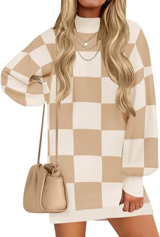ZESICA Women's 2024 Fall Turtleneck Sweaters Dress Oversized Long Lantern Sleeve Casual Knit Pullover Short Dresses in Saudi Arabia