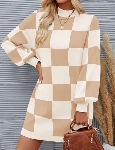 ZESICA Women's 2024 Fall Turtleneck Sweaters Dress Oversized Long Lantern Sleeve Casual Knit Pullover Short Dresses in Saudi Arabia