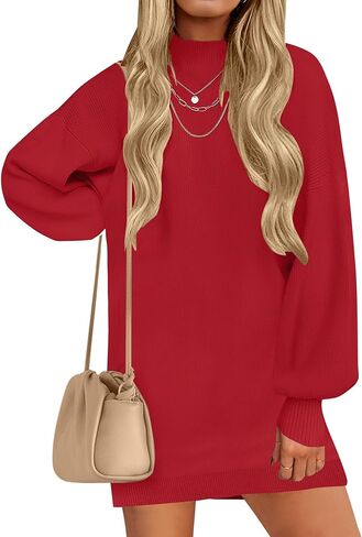 ZESICA Women's 2024 Fall Turtleneck Sweaters Dress Oversized Long Lantern Sleeve Casual Knit Pullover Short Dresses in Saudi Arabia
