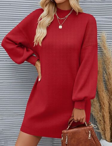 ZESICA Women's 2024 Fall Turtleneck Sweaters Dress Oversized Long Lantern Sleeve Casual Knit Pullover Short Dresses in Saudi Arabia