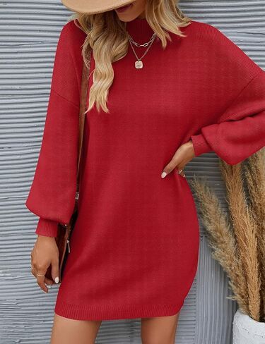 ZESICA Women's 2024 Fall Turtleneck Sweaters Dress Oversized Long Lantern Sleeve Casual Knit Pullover Short Dresses in Saudi Arabia