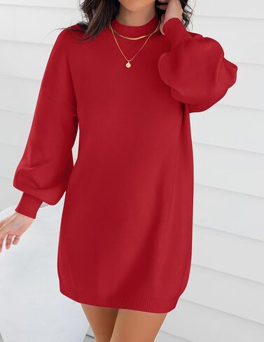 ZESICA Women's 2024 Fall Turtleneck Sweaters Dress Oversized Long Lantern Sleeve Casual Knit Pullover Short Dresses in Saudi Arabia