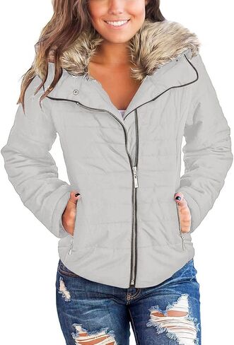 Vetinee Women Casual Faux Fur Lapel Zip Pockets Quilted Parka Jacket Puffer Coat in Saudi Arabia