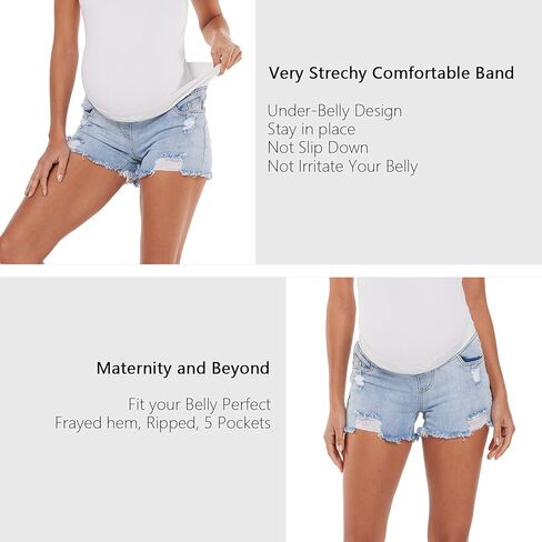 V VOCNI Maternity Jean Shorts Women's Maternity Indigo Blue Mom Tassel Secret Underbelly Denim Shorts in Saudi Arabia