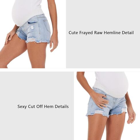 V VOCNI Maternity Jean Shorts Women's Maternity Indigo Blue Mom Tassel Secret Underbelly Denim Shorts in Saudi Arabia