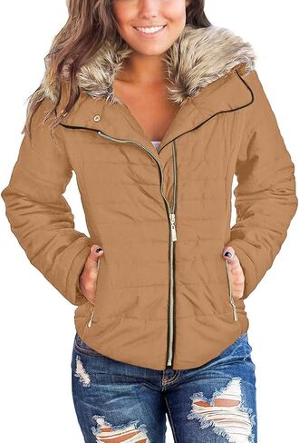 Vetinee Women Casual Faux Fur Lapel Zip Pockets Quilted Parka Jacket Puffer Coat in Kuwait