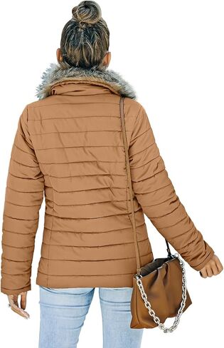 Vetinee Women Casual Faux Fur Lapel Zip Pockets Quilted Parka Jacket Puffer Coat in Kuwait
