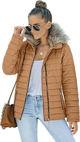 Vetinee Women Casual Faux Fur Lapel Zip Pockets Quilted Parka Jacket Puffer Coat in Kuwait