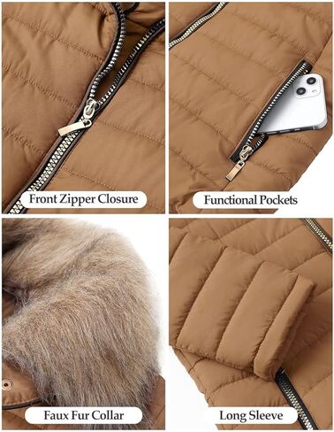 Vetinee Women Casual Faux Fur Lapel Zip Pockets Quilted Parka Jacket Puffer Coat in Kuwait