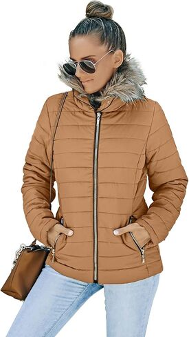 Vetinee Women Casual Faux Fur Lapel Zip Pockets Quilted Parka Jacket Puffer Coat in Kuwait