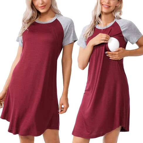 Women Sleepshirts 3 in 1 Labor/Maternity/Nursing Nightgown Short Sleeve Breastfeeding Sleep Dress XS-3XL in Saudi Arabia