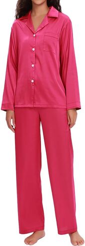 Women Satin PJS Womens Long Sleeve Soft Button Down Sleepwear with Pockets Casual 2 Piece Lounge Set Homewear in Saudi Arabia