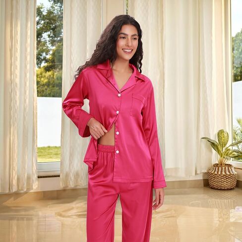 Women Satin PJS Womens Long Sleeve Soft Button Down Sleepwear with Pockets Casual 2 Piece Lounge Set Homewear in Saudi Arabia
