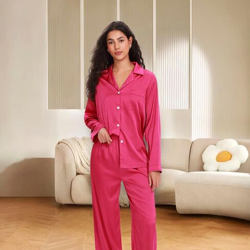 Women Satin PJS Womens Long Sleeve Soft Button Down Sleepwear with Pockets Casual 2 Piece Lounge Set Homewear in Saudi Arabia