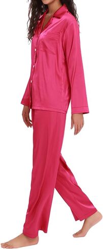 Women Satin PJS Womens Long Sleeve Soft Button Down Sleepwear with Pockets Casual 2 Piece Lounge Set Homewear in Saudi Arabia