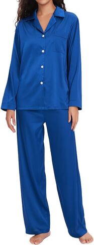 Women Satin PJS Womens Long Sleeve Soft Button Down Sleepwear with Pockets Casual 2 Piece Lounge Set Homewear in Saudi Arabia
