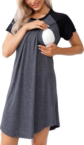 Women Sleepshirts 3 in 1 Labor/Maternity/Nursing Nightgown Short Sleeve Breastfeeding Sleep Dress XS-3XL in Saudi Arabia