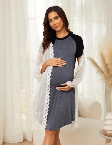 Women Sleepshirts 3 in 1 Labor/Maternity/Nursing Nightgown Short Sleeve Breastfeeding Sleep Dress XS-3XL in Saudi Arabia