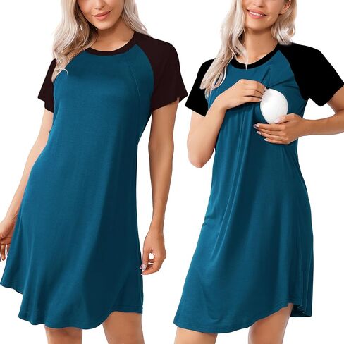 Women Sleepshirts 3 in 1 Labor/Maternity/Nursing Nightgown Short Sleeve Breastfeeding Sleep Dress XS-3XL in Saudi Arabia