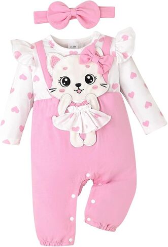 Baby Girl Clothes Newborn Romper Cute Cat Ruffled Long Sleeve Love Fall Winter Outfits with Bow Headband 0-18 Months in Saudi Arabia