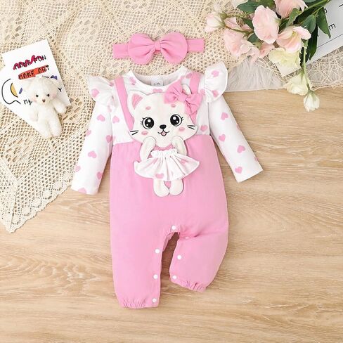 Baby Girl Clothes Newborn Romper Cute Cat Ruffled Long Sleeve Love Fall Winter Outfits with Bow Headband 0-18 Months in Saudi Arabia