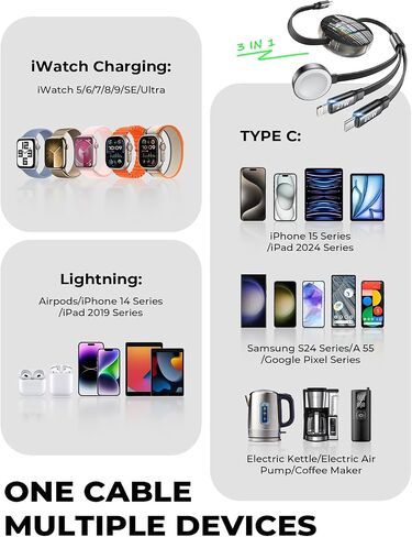 LISEN 3 in 1 for Apple Watch 10 Charger USB C Cable, 3.6FT Retractable Travel Charger for Multiple Devices for iPhone 16 Charger Cord for Apple Watch 10/9/8/7/6/Ultra2/SE/For iPhone 16 Pro Max/15/14 in Saudi Arabia