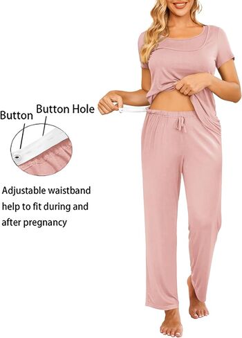 Ekouaer Women Maternity Nursing Pajama Set Breastfeeding Sleepwear Set Short Sleeve Top & Pants Postpartum Pajamas in Saudi Arabia