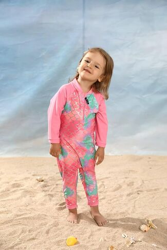 weVSwe Baby Swimsuit Girl Rash Guards Sun Protection Infant Long Slevee Bathing Suit Quick Dry with Sun Hat 0-3 Years in Kuwait