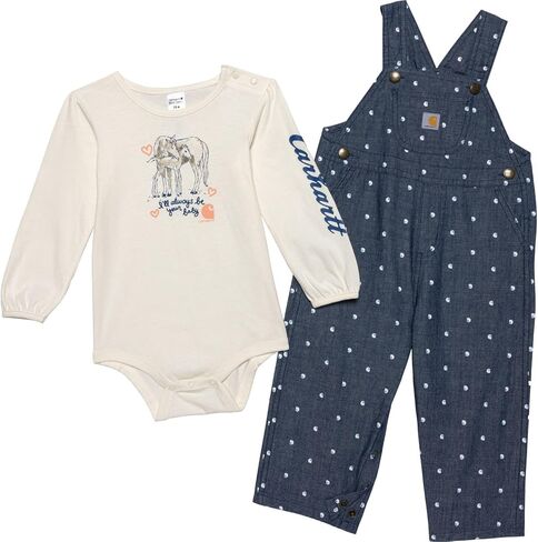 Carhartt Baby Girl, Infant, Newborn Long Sleeve T-shirt and Print Chambray Overall 2 piece set, Chambray Medium Wash Denim - 12 Month in Saudi Arabia