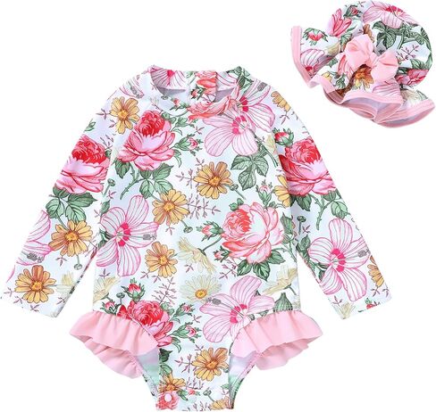 Infant Baby Girl Swimsuit One-Piece Long Sleeve Rash Guard with Hat Set Floral Zipper Bathing Suit Leopard Beach Wear in Kuwait