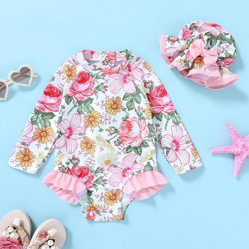 Infant Baby Girl Swimsuit One-Piece Long Sleeve Rash Guard with Hat Set Floral Zipper Bathing Suit Leopard Beach Wear in Kuwait