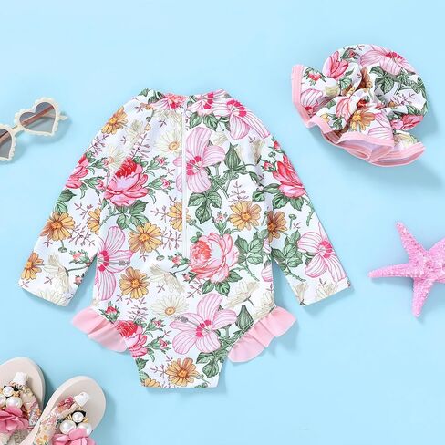 Infant Baby Girl Swimsuit One-Piece Long Sleeve Rash Guard with Hat Set Floral Zipper Bathing Suit Leopard Beach Wear in Kuwait