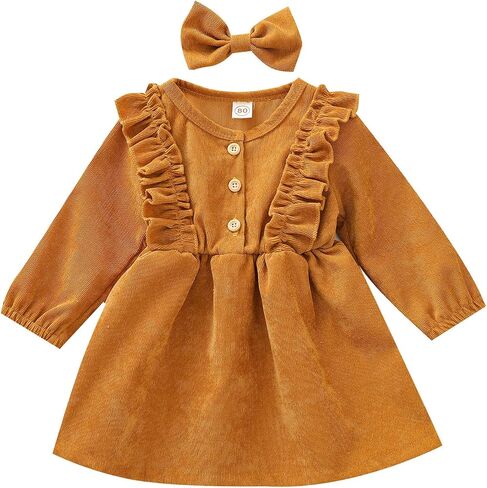 Karuedoo Kids Toddler Baby Girl Corduroy Ruffle Long Sleeve Dress Princess Party Dress Fall Winter Skirt Outfit in Kuwait