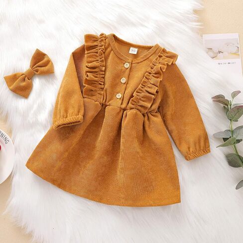 Karuedoo Kids Toddler Baby Girl Corduroy Ruffle Long Sleeve Dress Princess Party Dress Fall Winter Skirt Outfit in Kuwait