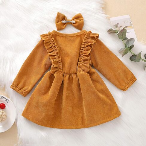 Karuedoo Kids Toddler Baby Girl Corduroy Ruffle Long Sleeve Dress Princess Party Dress Fall Winter Skirt Outfit in Kuwait