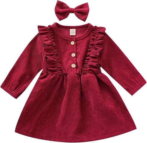 Karuedoo Kids Toddler Baby Girl Corduroy Ruffle Long Sleeve Dress Princess Party Dress Fall Winter Skirt Outfit in Kuwait