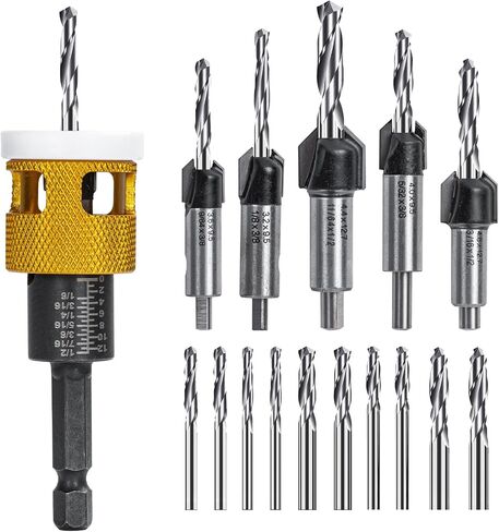5 Pcs Countersink Drill Bit Set: Replaceable HSS M2 Tapered Bits - 82° Counter Bore with Adjustable Depth Stop, Carbide Drill Bits 1/4" Hex Shank for Wood, Plastic, Woodworking in Saudi Arabia