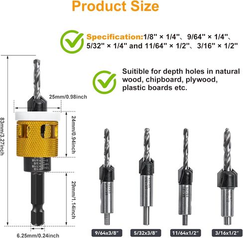 5 Pcs Countersink Drill Bit Set: Replaceable HSS M2 Tapered Bits - 82° Counter Bore with Adjustable Depth Stop, Carbide Drill Bits 1/4" Hex Shank for Wood, Plastic, Woodworking in Saudi Arabia
